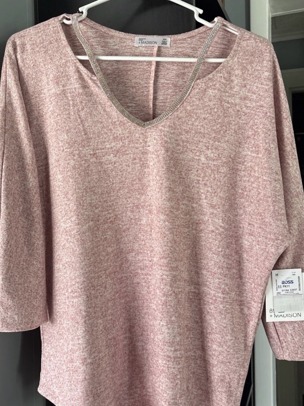 Madison Dusty Pink V-Neck Knit Top with Shimmer Trim